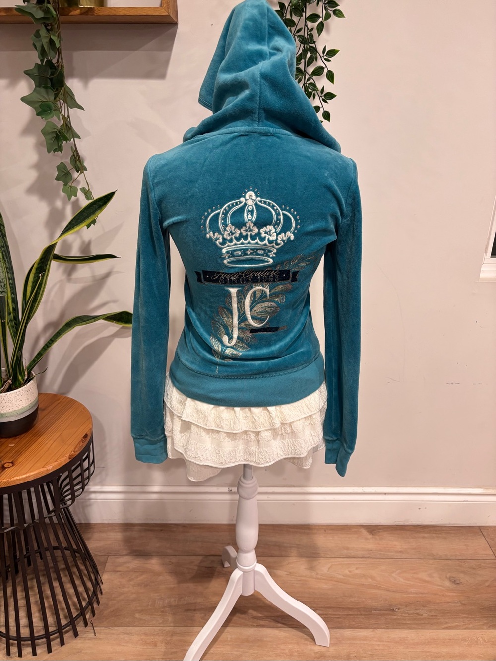 Juicy Couture Turquoise Velour Hoodie with Gold Chain Accent